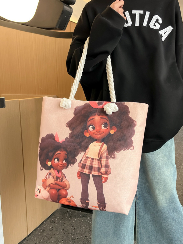 国境を越えた卸売女性のプリントハンドヘルドトートバッグ軽量厚いロープショルダーバッグファッション文学多用途ビーチバッグ|undefined