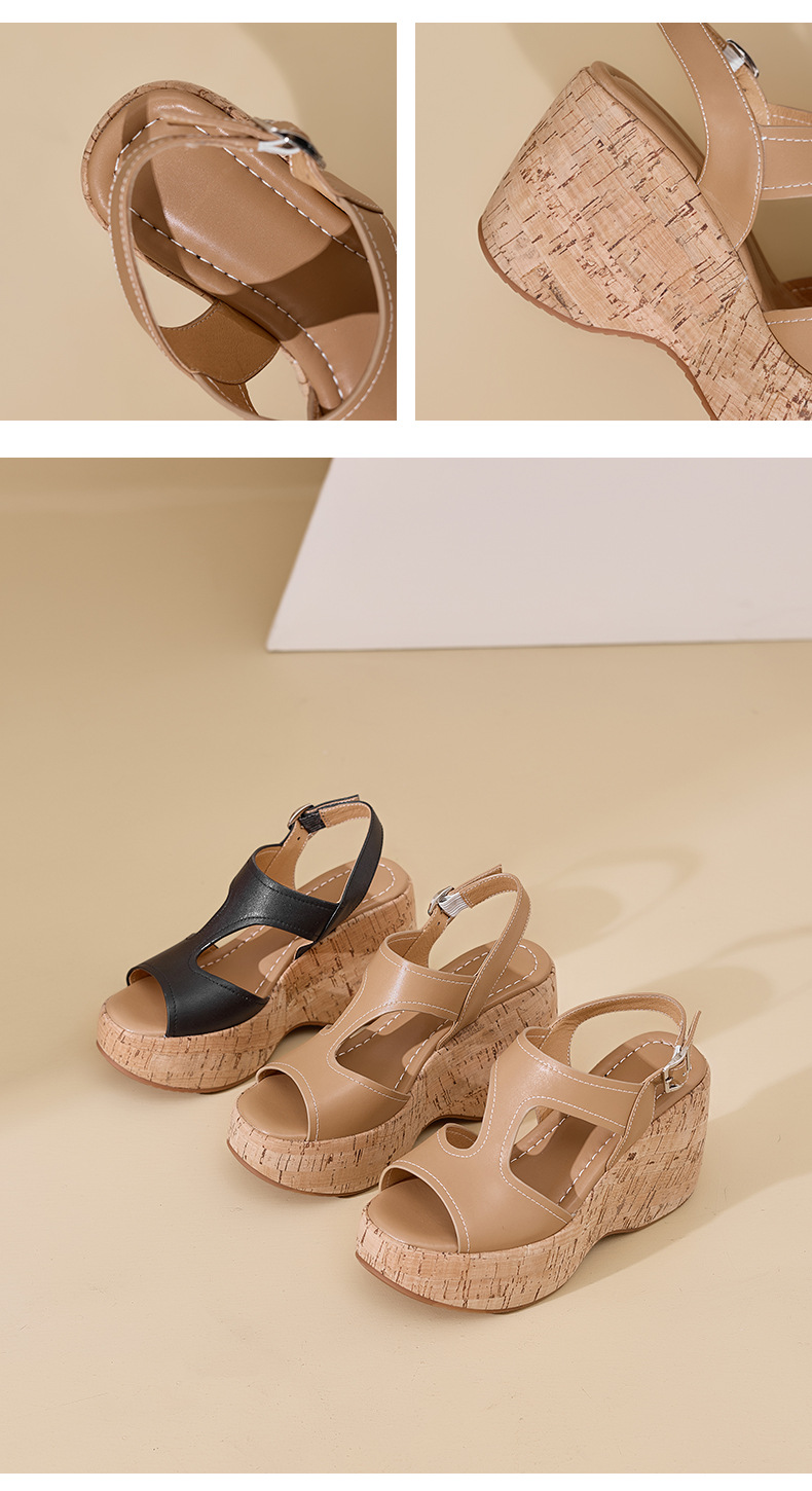 Sandal cao gót nữ đế platform hở mũi da thật gót 10 cm phong cách La Mã — màu đen, màu nâu nhạt chi tiết 11