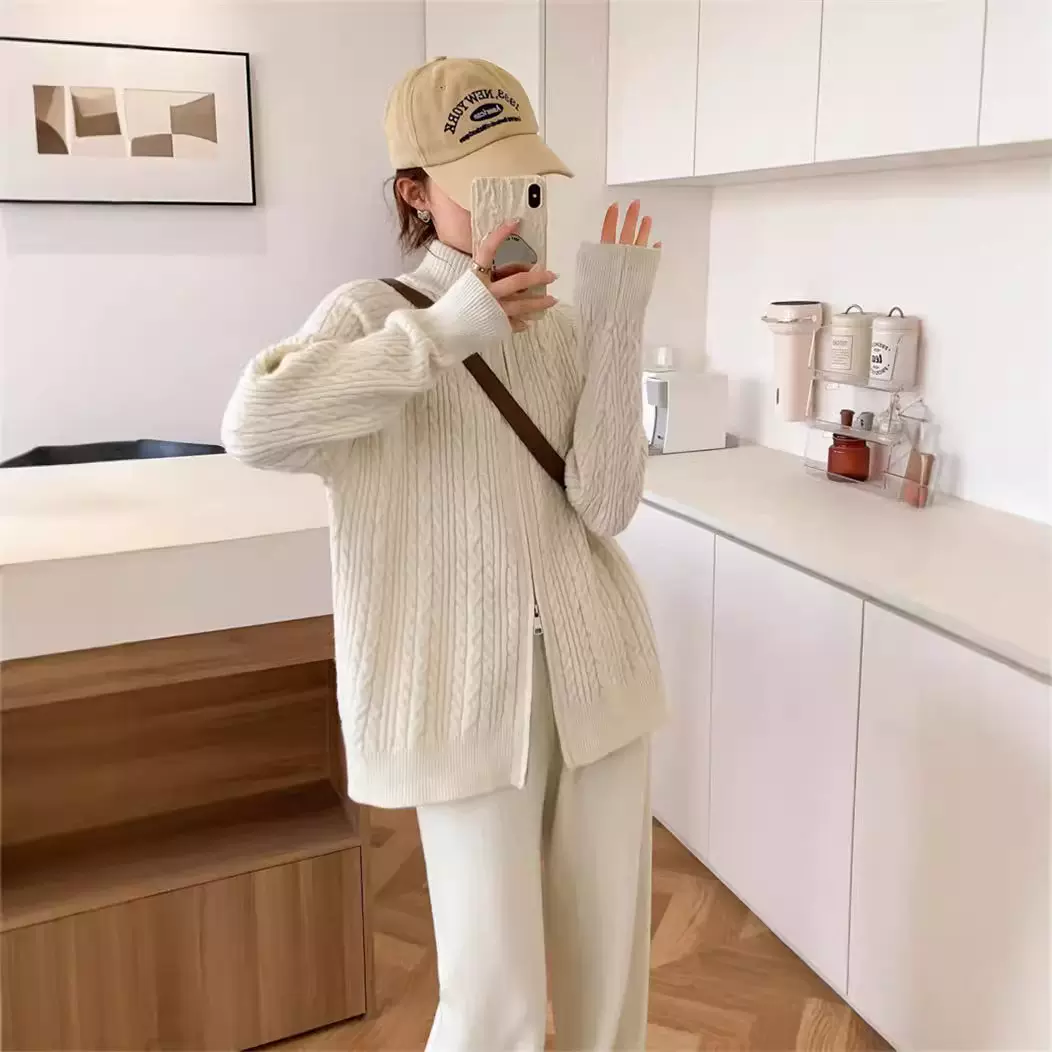 拉链麻花开衫毛衣外套套装女秋季高腰慵懒阔腿针织休闲裤两件套潮
