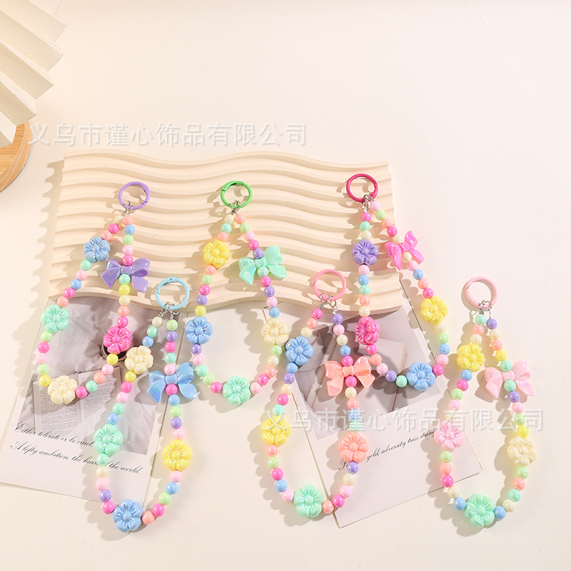 New Electroplated Candy-Colored Beaded Phone Chain Pendant, Bowknot Bag Car Keychain Accessory Hanging Chain Wholesale