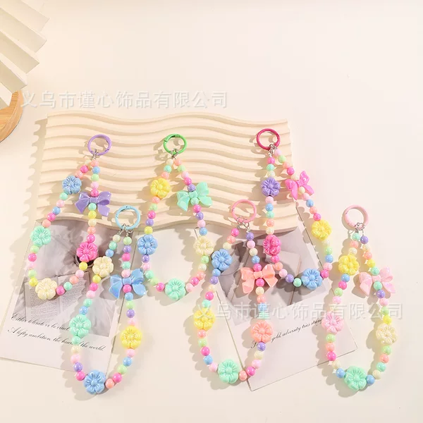 New Electroplated Candy-Colored Beaded Phone Chain Pendant, Bowknot Bag Car Keychain Accessory Hanging Chain Wholesale
