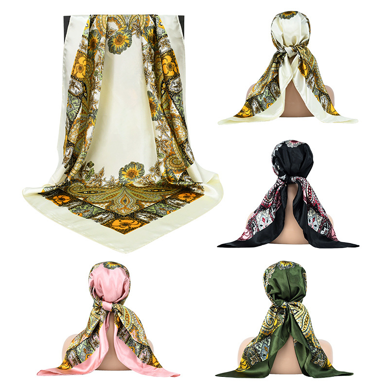 Pañuelo de seda de flor de anacardo con sentido premium retro transfronterizo nuevo pañuelo en la cabeza para damas de moda y elegante 90 pañuelo cuadrado grande