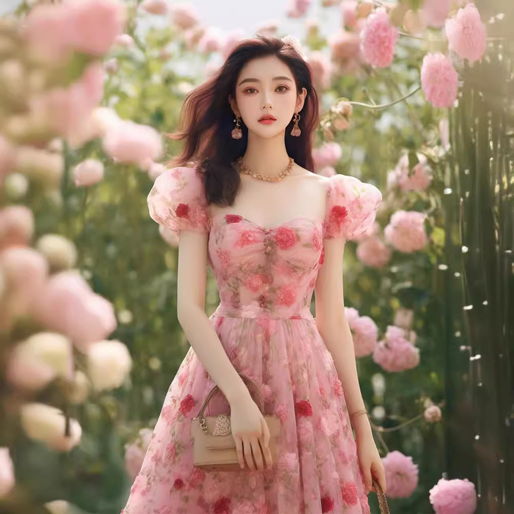 Váy liền hoa nhỏ màu hồng phong cách Pháp thắt eo cho nữ mùa hè — Màu hồng