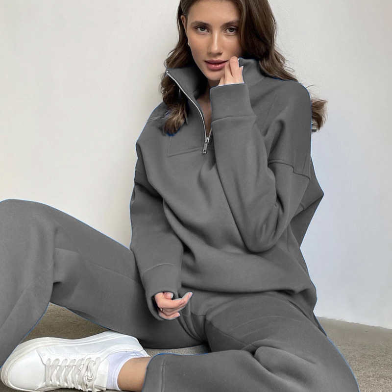 Vêtements pour femmes, sweat-shirt en coton de couleur unie, combinaison à fermeture éclair et pantalon de sport ample en velours pour femmes_voghion.com