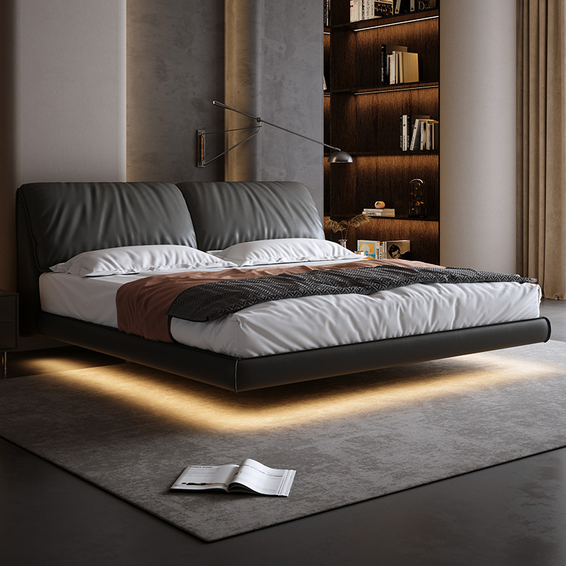 Elephant Ear Floating Bed Italian Minimalist Wedding Bed Master Bedroom Leather Large Soft Upholstered Double Bed 1.8m m Genuine Leather Bed