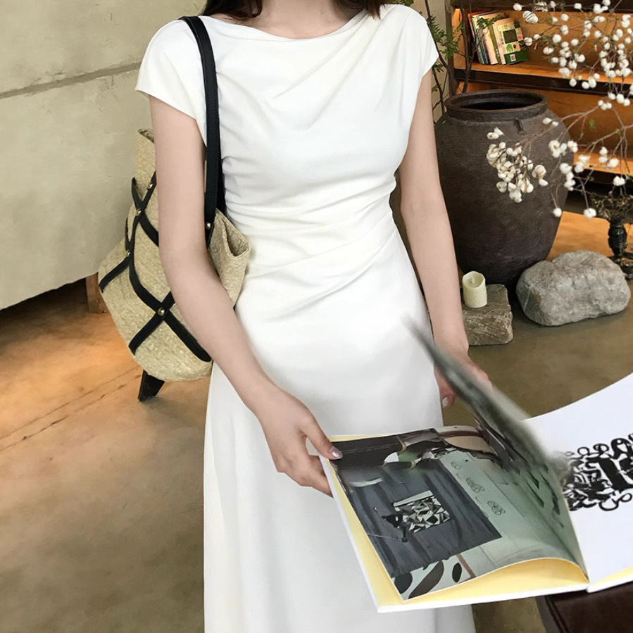 우아한 예술적 기질 지적 디자인 틈새 시장 심플한 반팔 드레스 여성 여름 긴 짧은 스커트