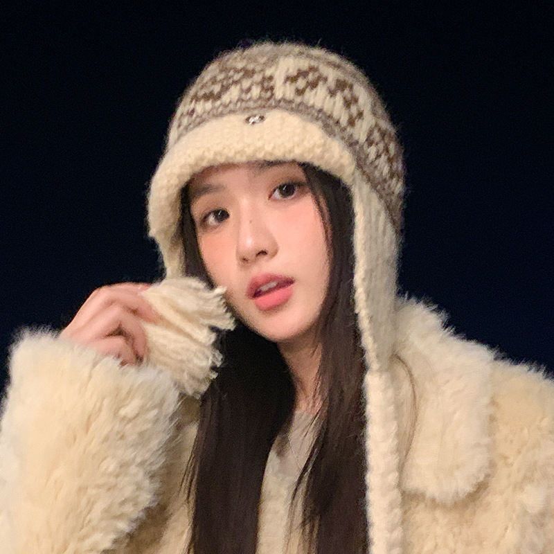Fair Isle Style Retro Knitted Wool Autumn Winter Fleece Lined Thickened Warm Ear Protection Versatile Large Head_voghion.com