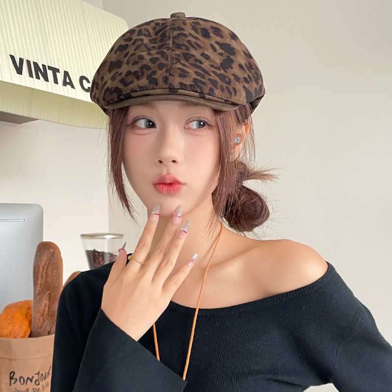 新款麂皮绒豹纹鸭舌贝雷帽子女春夏季时尚百搭显脸小大头围前进帽|undefined