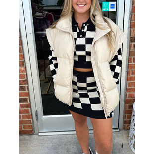 2024 Cross-Border European and American New Women's Solid Color Zip Pocket Cotton Vest Fashion Stand Collar Elegant Commuter Jacket