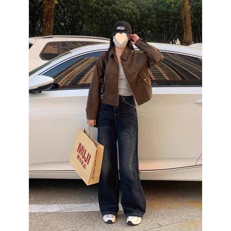 美拉德咖色仿麂皮外套女2025新款复古短款高级感韩系秋季夹克上衣|undefined