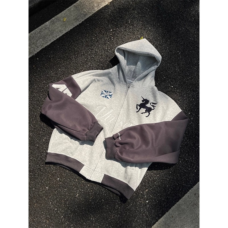 Men's Clothing Unisex Street Style Hooded Cardigan Raglan Sleeve Patchwork Embroidered Loose Casual Top Trendy Versatile Jacket Sweatshirt_viptrois.com