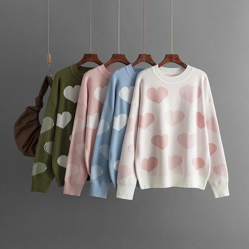 509g Weight Wholesale Women's Casual Heart Shape Long Sleeve Jacquard Sweaters & Cardigans