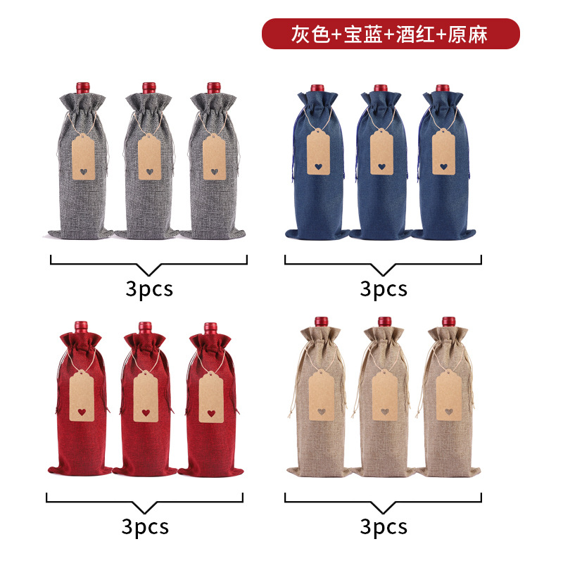 Suministro directo de fábrica bolsa de botella de vino de lino traje ciego degustación de vino botella cubierta de lino etiqueta bolsa de embalaje de vino tinto en stock al por mayor