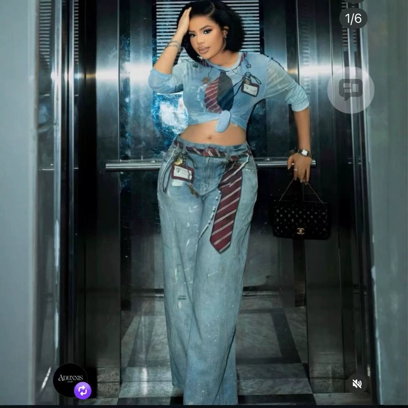 26 New Summer Style Elastic Mesh Printed Long-Sleeved Tops, Long Pants, Jeans Two-Piece Set, Casual Trendy Patterned Women's Clothing