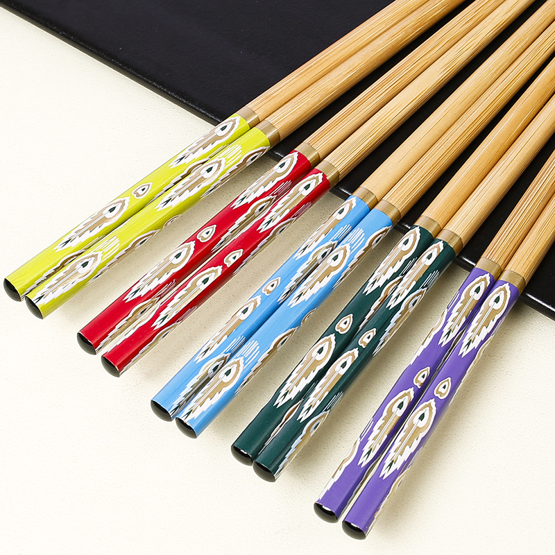 竹筷子批发24cm孔雀尾巴花纹花膜五色分餐筷一人一筷礼品餐具货源