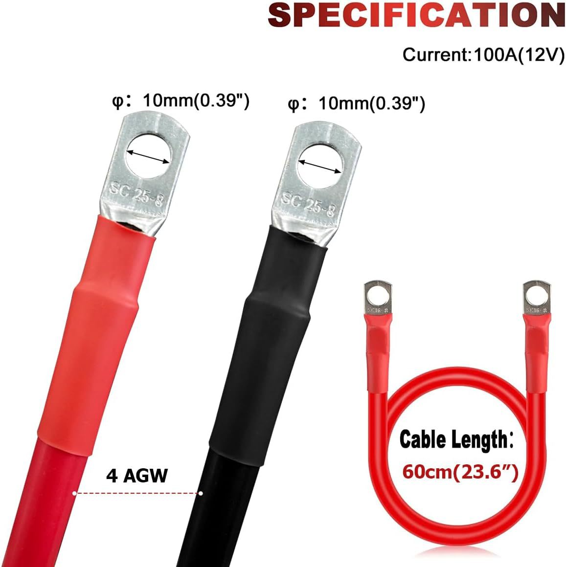 KHGUZ 4AWG 게이지 자동차 배터리 케이블 2FT 순수 구리 배터리
