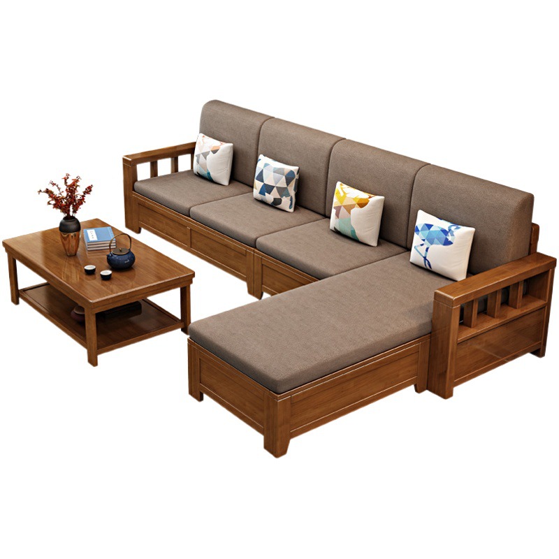 Solid Wood Sofa Combination Modern Simple Economical Fabric Sofa for Small Apartment New Chinese Style Living Room Storage Wooden Sofa
