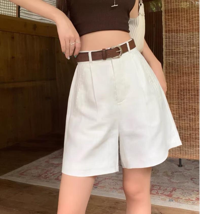 Quần short nữ vải lanh phối cotton dáng rộng ống suông mùa hè — màu trắng chi tiết 7