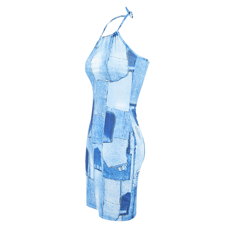 Women Clothing Sexy Slim Fit Hip Dress Imitation Denim Printing Slip Dress