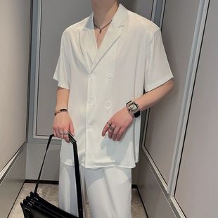 Summer Satin Thin Casual Suit Collar Shirt Suit Men's Fashionable and High-End Ice Silk Shirt and Trousers Suit