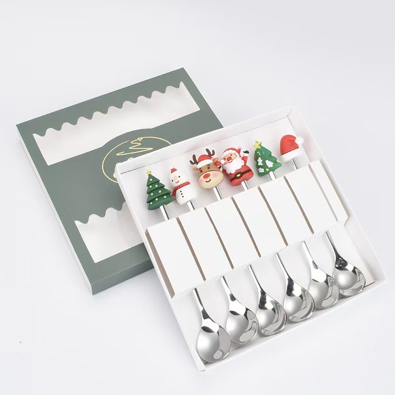 Cucharas de acero inoxidable transfronterizas muñecas de Papá Noel cubiertos cajas de regalo caseras de café mezclador cucharas de postre horquilla de frutas