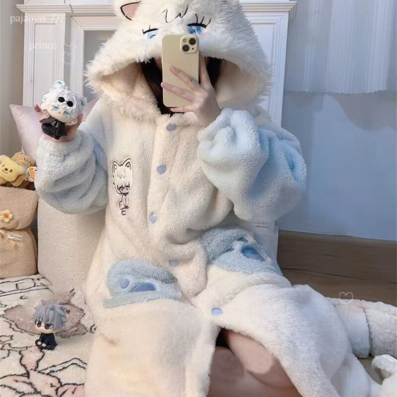 五条悟珊瑚绒连帽睡衣女冬季新款法兰绒加绒加厚中长款秋冬款睡袍|undefined