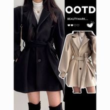 2025新款韩版秋冬宽松复古妮子西装小个子中长款毛呢外套大衣女装