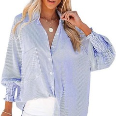 欧米のクロスボーダーアマゾン速売通ストライプ長袖ゆるいシャツカジュアル婦人服新型ポケットシャツ上着