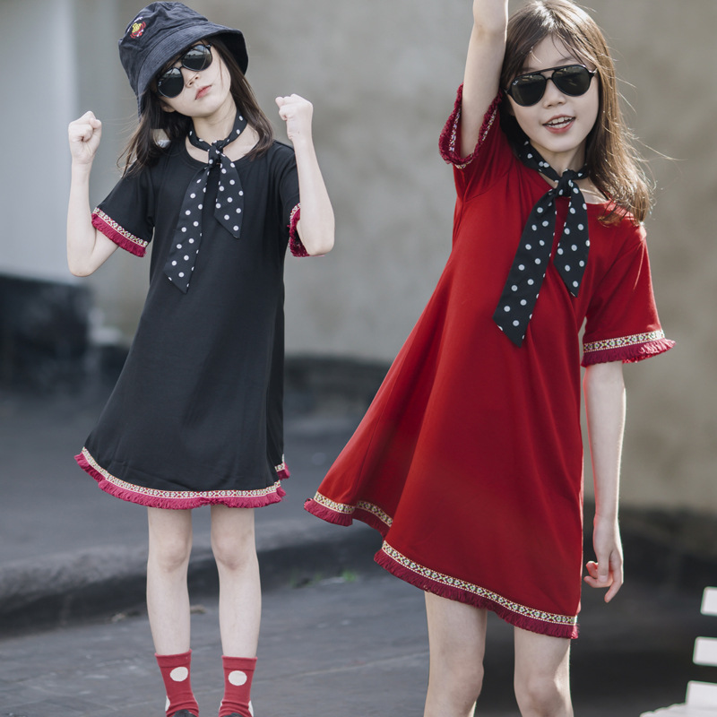 Falda de estilo étnico para niños Vestido de niña simple Verano 2024 Nueva falda de manga corta para niña de estilo occidental Verano