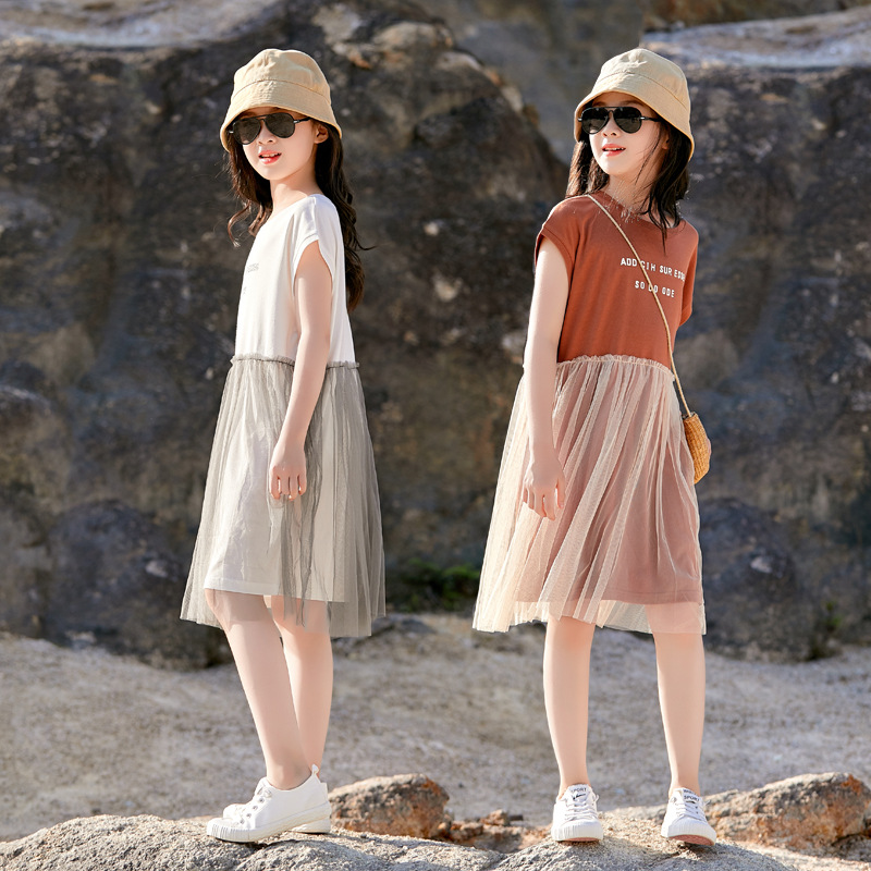 Vestido de verano para niñas 2024 primavera y verano para nuevos niños vestido de princesa niña estilo coreano estilo occidental falda de malla