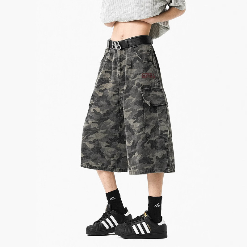 Saber-Shaped American Retro Camouflage Workwear Cropped Pants Men's Summer Trendy Street Loose Straight Wide-Leg Shorts