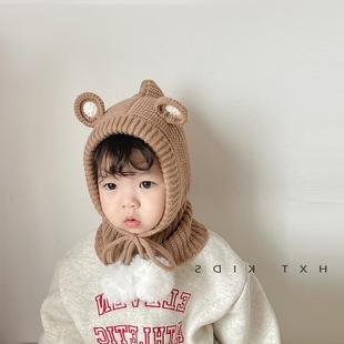 Baby hat scarf all-in-one hat bear Korean autumn and winter Children Baby fur ball lace-up warm ear protection cap