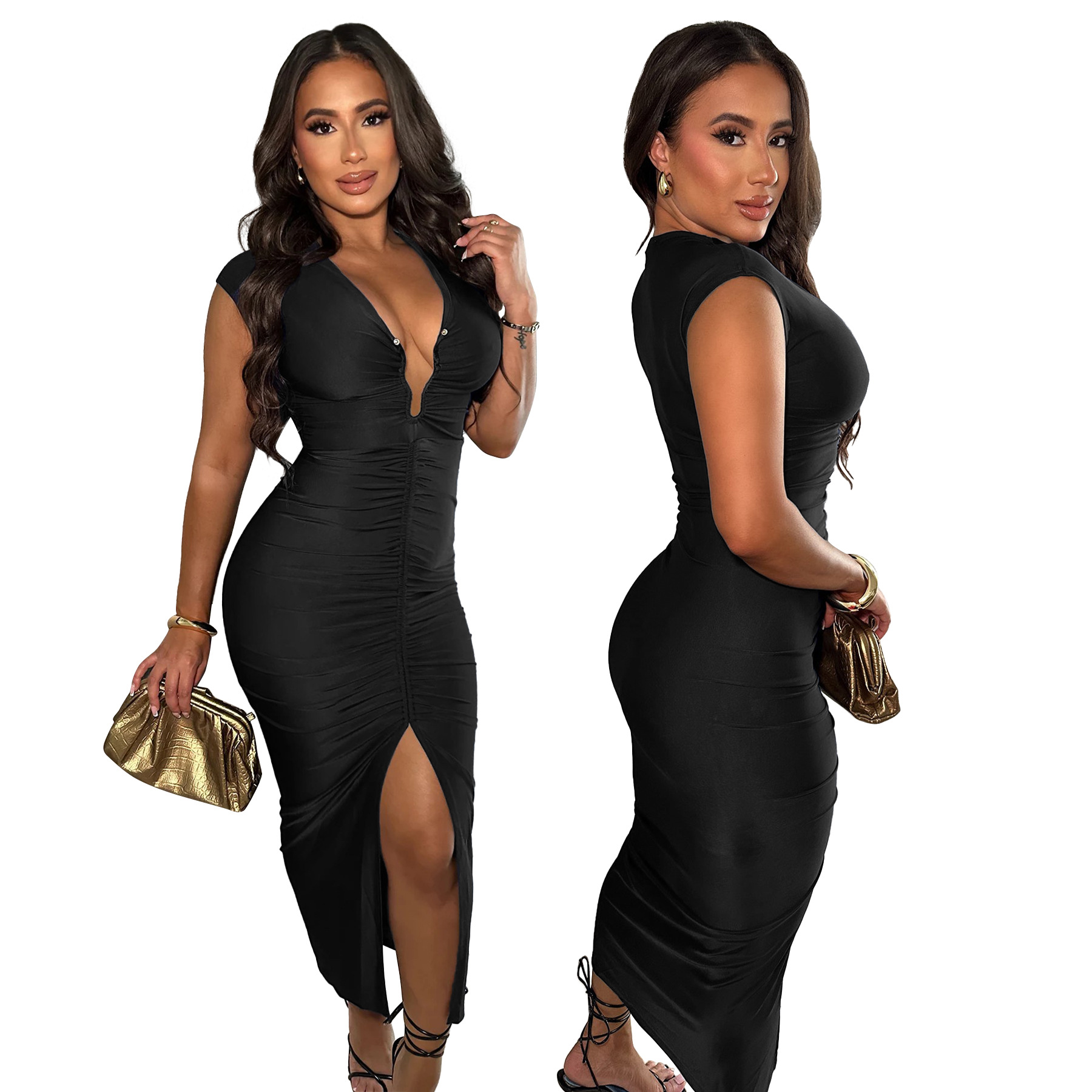 308g Weight Midi Dress Dress Length Type Sleeveless Sleeve Length Bodycon Dress Dresses Type Polyester Fabric Type High Waist Waist Line Party, Cocktail Party Occasion V Neck Neckline Skinny Fit Type Solid Color Pattern Summer Season Women's Gender Sexy, Streetwear Style Wholesale Women's Sexy Streetwear Solid Color Party Cocktail Party V Neck Sleeveless Bodycon Dress 34