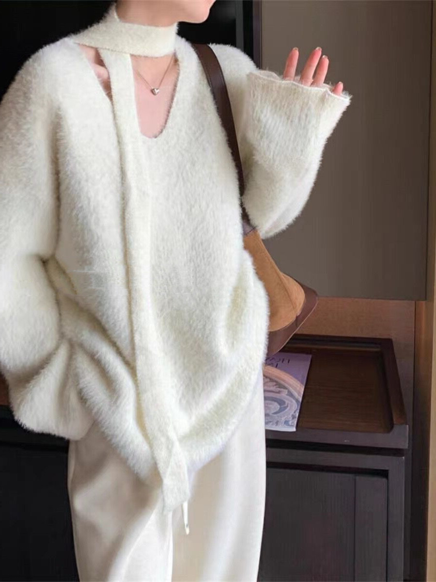 Sciarpa con scollo a V in stile coreano con pullover in pelliccia di visone, morbida maglia appiccicosa per l'autunno e l'inverno delle donne_voghion.com