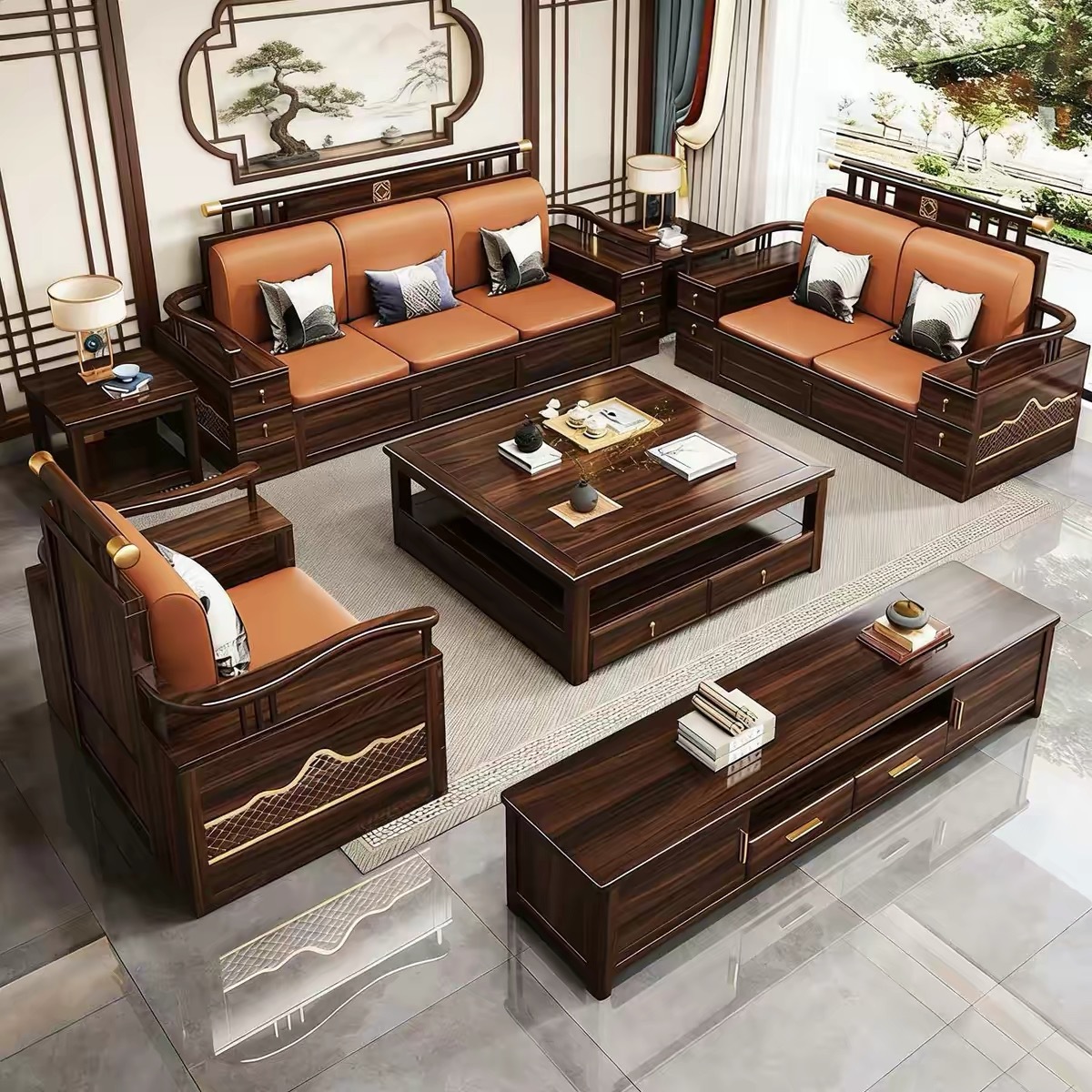 New Chinese-Style Ebony Wood Solid Wood Sofa Set for Living Room, Suitable for Large and Small Apartments, Dual-Use for Winter and Summer, Villa Natural Wood Sofa