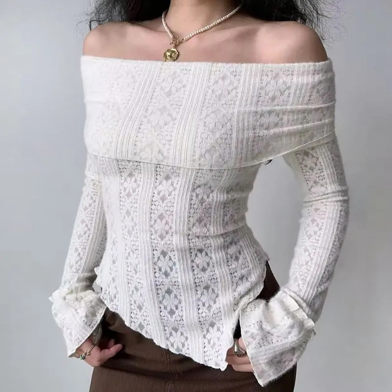 European and American Style Irregular Jacquard Hollow Out-Shoulder Vintage Sanding Lace Long-Sleeved T-Shirt Women's Slim-Fit Hot Girl Top