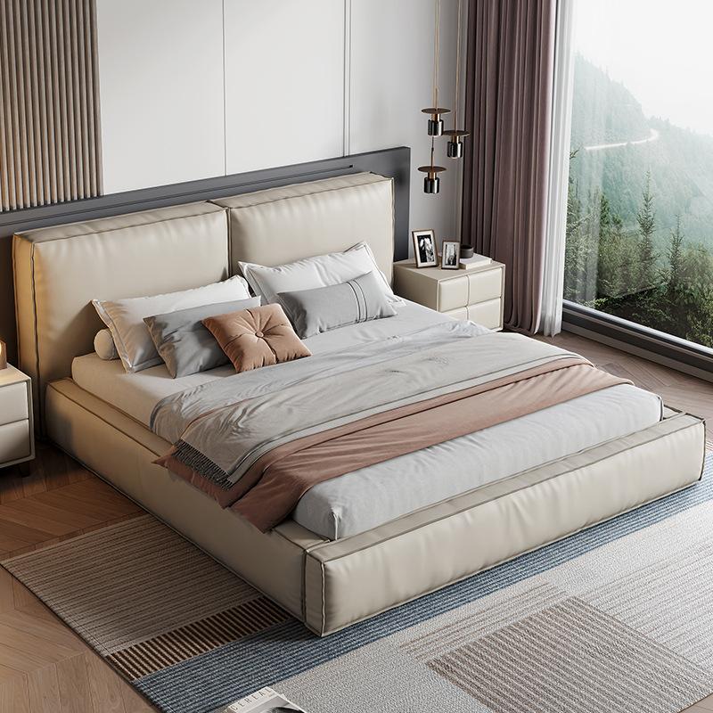 Cama de tofu de cuero minimalista italiana dormitorio de diseño de cuero de vaca, cama doble principal, caja alta y baja, cama de paquete suave image 4