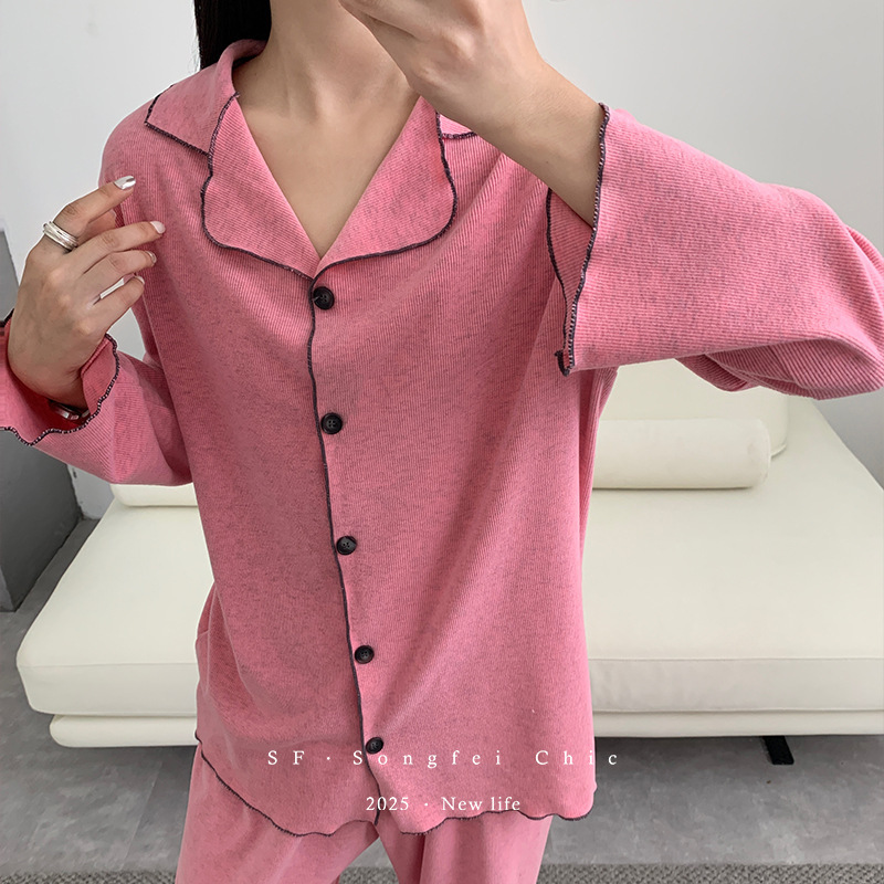 秋冬加绒撞色翻领螺纹磨毛套装 纯色亲肤高弹家居服套装睡衣女|undefined