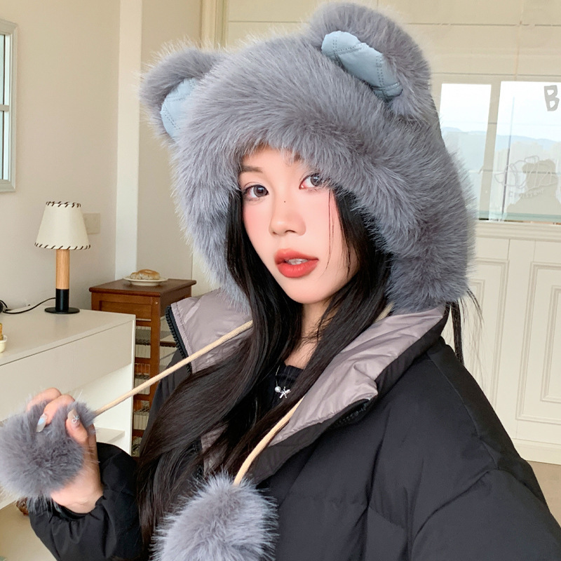 日系秋冬帽子女款甜美可爱熊耳朵套头帽加厚保暖帽防风护耳毛绒帽|undefined