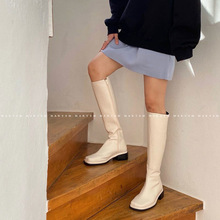 韩国东大门女鞋21秋冬新款ins简约纯色显瘦方头侧拉链低跟高筒靴