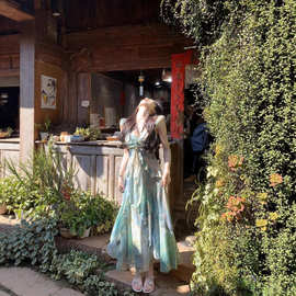 夏季设计感海边度假风印花仙女裙女装2025新款收腰显瘦吊带连衣裙