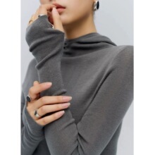 感简约修身显瘦打底衫女秋冬连帽套头长袖套手指打底针织上衣