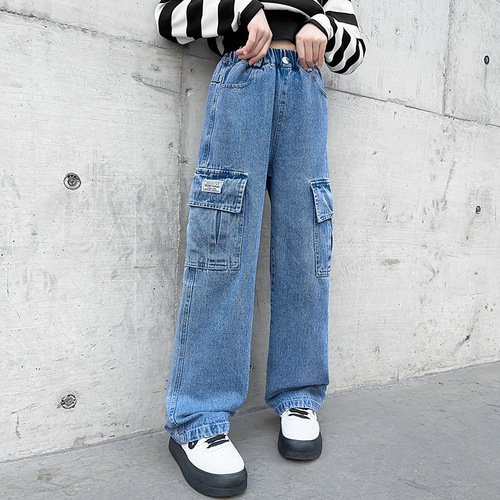 2024 Spring Girls New Workwear Denim Wide Leg Pants Middle and Large Children Spring and Autumn Korean Style Loose Pants Foreign Trade