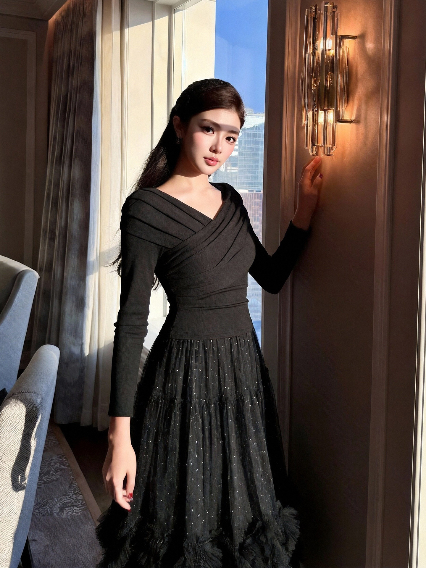 Đầm suông nữ midi cổ V xếp ly che bụng, họa tiết chấm bi, tay phồng lưới — đen