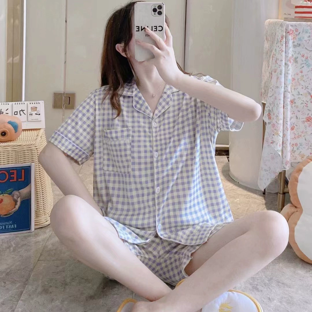 Летняя пижама женская Dongdamen короткий рукав, клетчатая, лёгкая, размеры M–XXL