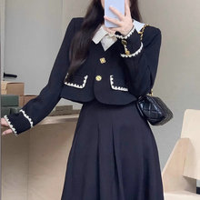 黑色法式复古半身裙套装大码女装胖短款加厚外套秋冬搭配一整套
