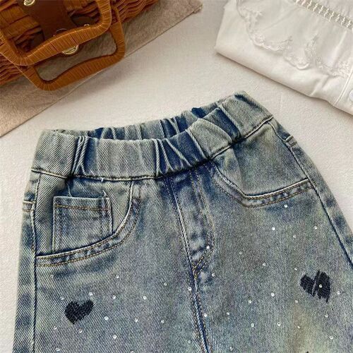 Baby Girl's Jeans Winter Autumn New Children Straight Leg Pants Little Kids Narrow Wide Leg Pants Embroidered Diamond Jeans