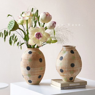 景德镇波点侘寂风花瓶中古花瓶摆件家居软装饰品陶瓷花器新中式-阿里巴巴