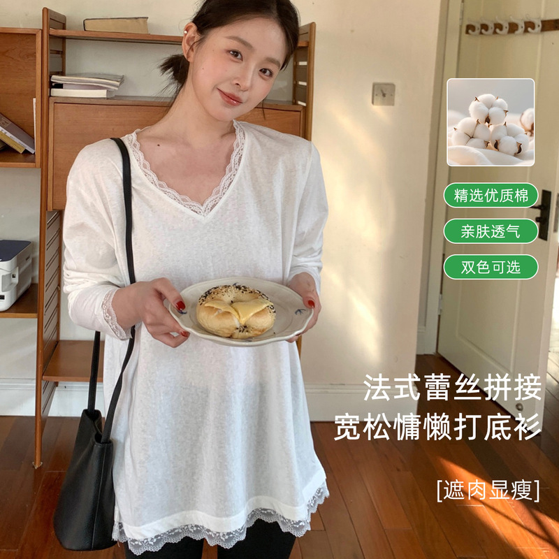 Special Offer: French-Style White Lace Patchwork V-Neck Long-Sleeve T-Shirt for Women, with a Loose and Casual Design, Suitable for Outerwear Special Offer: French-Style White Lace Patchwork V-Neck Long-Sleeve T-Shirt for Women, with a Loose and Casual Design, Suitable for Outerwear