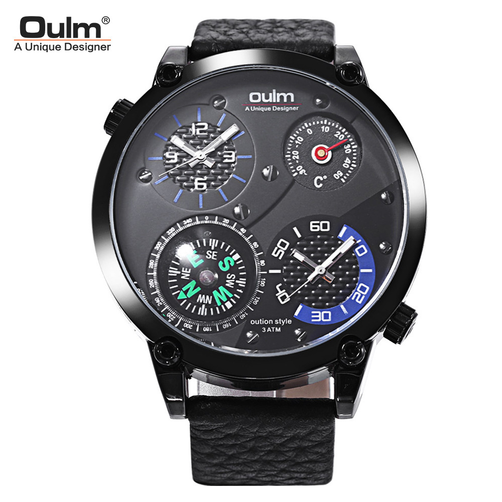 Men's Large Dial Thermometer Dual Time Zone Watch With Compass Genuine Leather Quartz Movement_voghion.com
